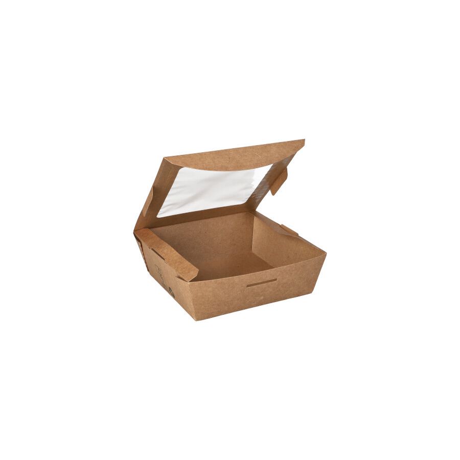 Feinkostboxen, Pappe mit Sichtfenster aus PLA eckig 650 ml14 x 14 cm x 4,5 cm braun "100% Fair" - Bild 1