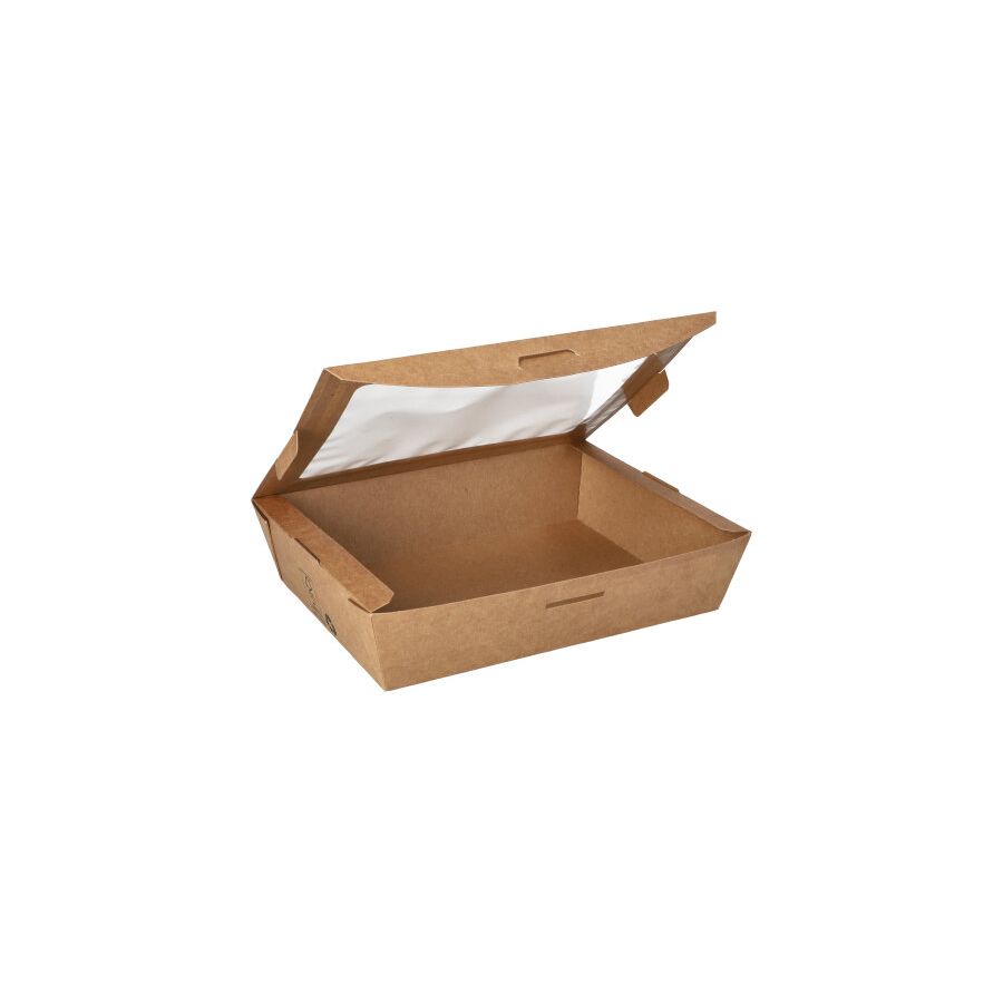 Feinkostboxen, Pappe mit Sichtfenster aus PLA "pure" eckig 1000 ml 15 x 19,5 cm x 4,5 cm braun "100% Fair" - Bild 1