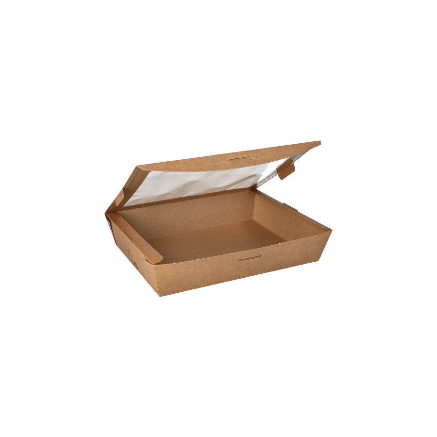 Feinkostboxen, Pappe mit Sichtfenster aus PLA "pure" eckig 1500 ml 18 x 22,5 cm x 4,5 cm "100% Fair" - Bild 1