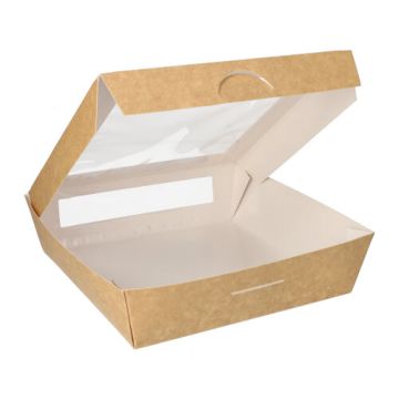 Feinkostboxen, Pappe mit Sichtfenster aus PLA eckig 1500 ml 19 cm x 19 cm x 5 cm braun