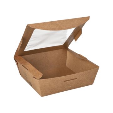 Feinkostboxen, Pappe mit Sichtfenster aus PLA eckig 650 ml 4,5 cm x 12 cm x 12 cm braun "100% Fair"