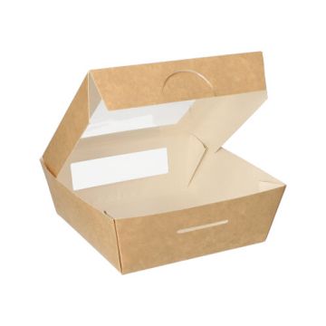 Feinkostboxen, Pappe mit Sichtfenster aus PLA eckig 750 ml 14 cm x 14 cm x 5 cm braun