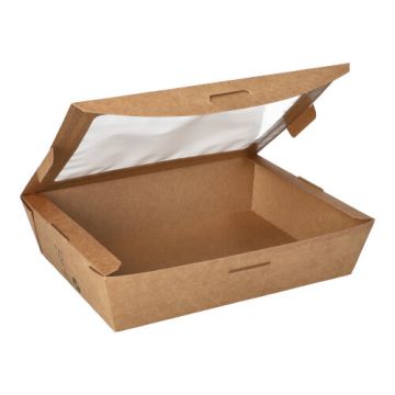 Feinkostboxen, Pappe mit Sichtfenster aus PLA "pure" eckig 1000 ml 4,5 cm x 18 cm x 13 cm braun "100% Fair"